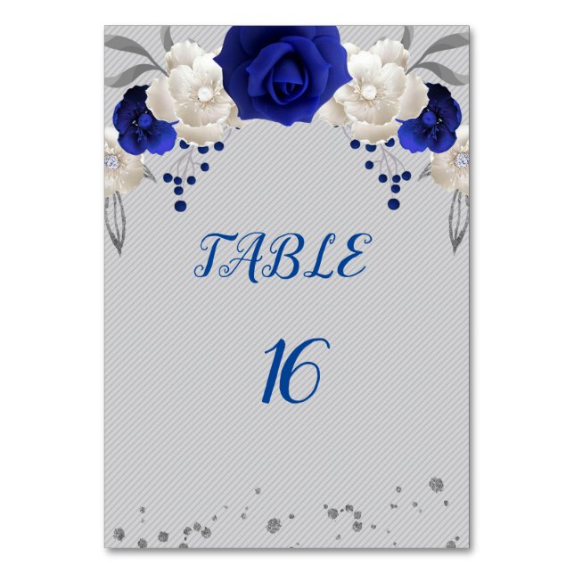 royal blue white flowers silver table number card (Front)