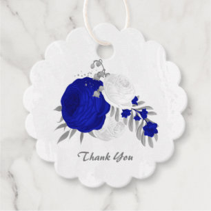  royal blue & white flowers silver wedding favour tags