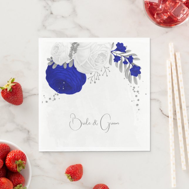  royal blue & white flowers silver wedding napkin (Insitu)