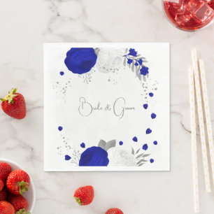  royal blue & white flowers silver wedding napkin