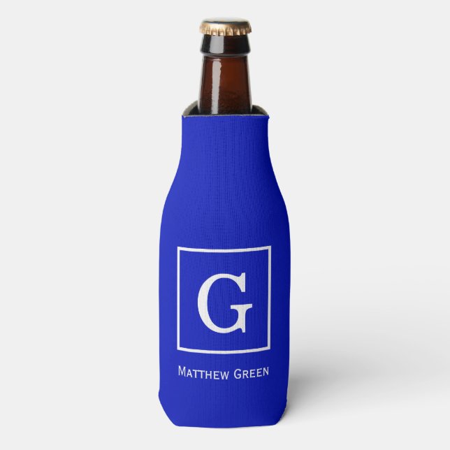 Royal Blue White Framed Initial Monogram Bottle Cooler (Bottle Front)