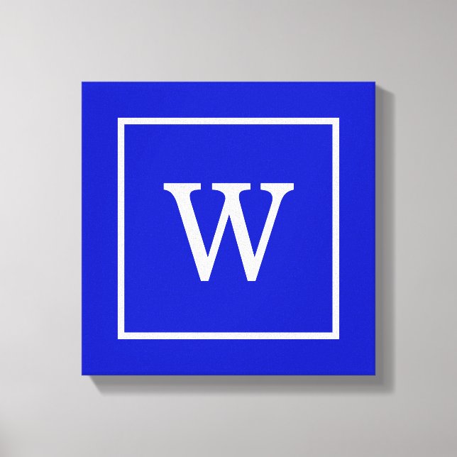 Royal Blue White Framed Initial Monogram Canvas Print (Front)