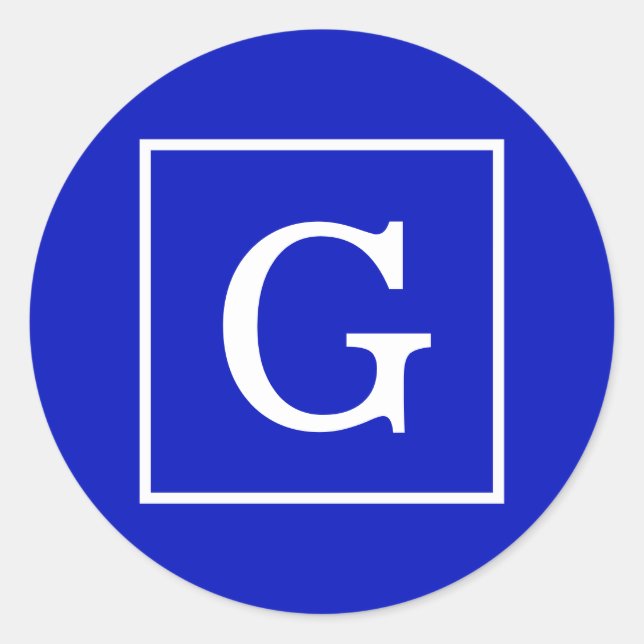 Royal Blue White Framed Initial Monogram Classic Round Sticker (Front)