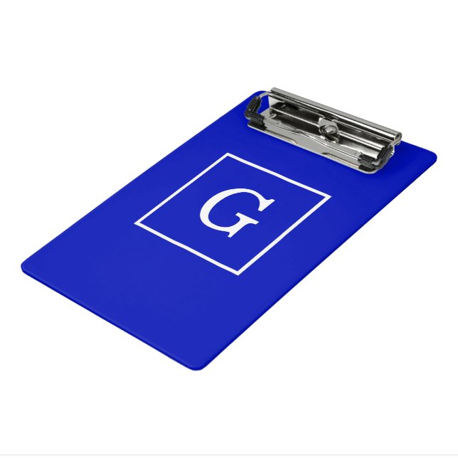 Royal Blue White Framed Initial Monogram Mini Clipboard (Angled3)