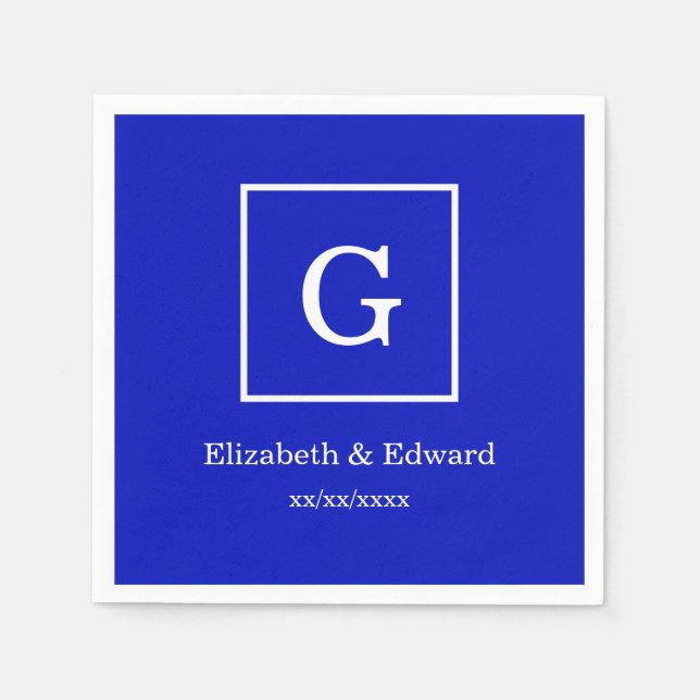 Royal Blue White Framed Initial Monogram Napkin (Front)