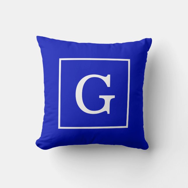Royal Blue White Framed Initial Monogram Throw Pillow (Front)