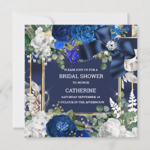 Royal blue white glitter bow diamond elegant chic  invitation