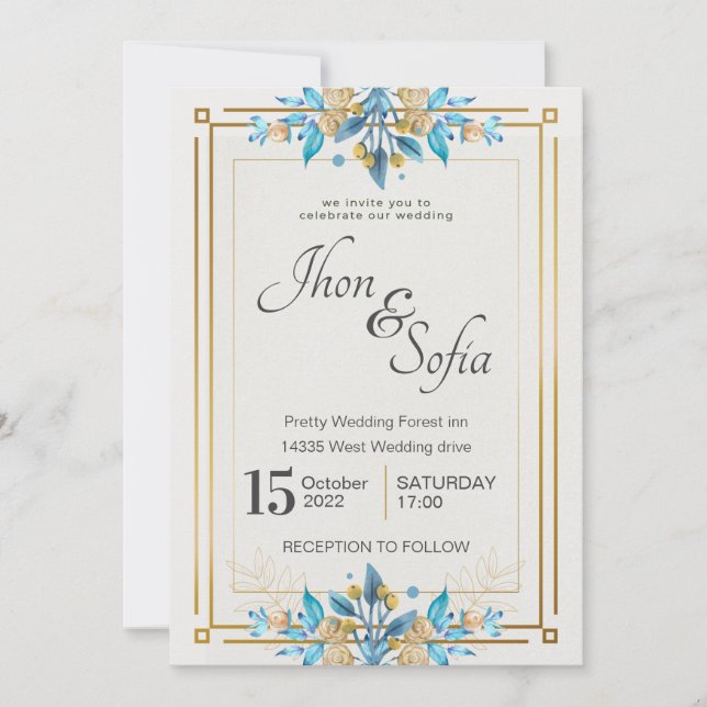 Royal Blue White Gold Floral Wedding Invitation (Front)