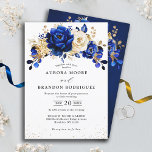Royal Blue White Gold Metallic Floral Wedding Invi Invitation<br><div class="desc">Elegant royal blue gold theme wedding Invitation featuring elegant bouquet of royal blue,  Navy,  gold,  yellow  colour rose flowers buds and eucalyptus leaves. Please contact me for any help in customization or if you need any other product with this design.</div>