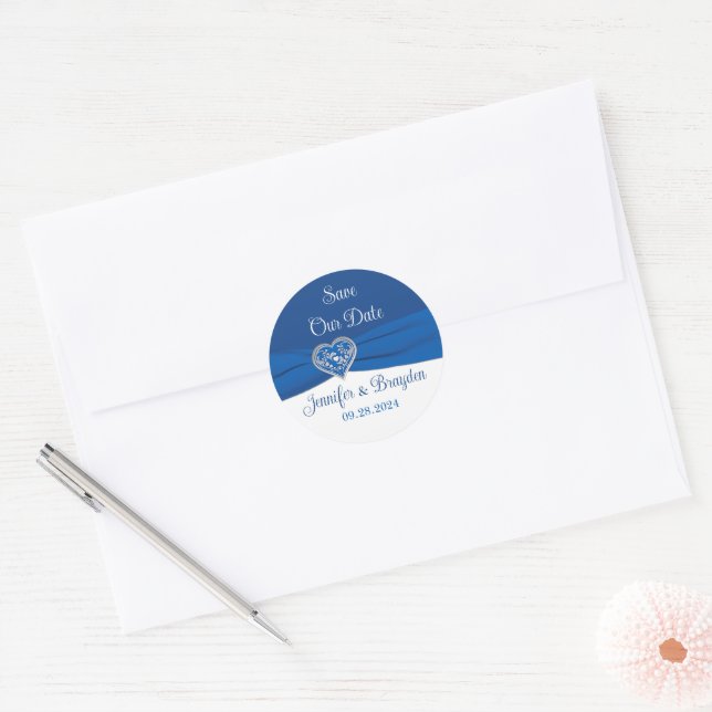 Royal Blue, White Heart of Love Wedding Classic Round Sticker (Envelope)
