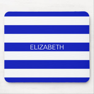 Royal Blue White Horiz Preppy Stripe Name Monogram Mouse Pad