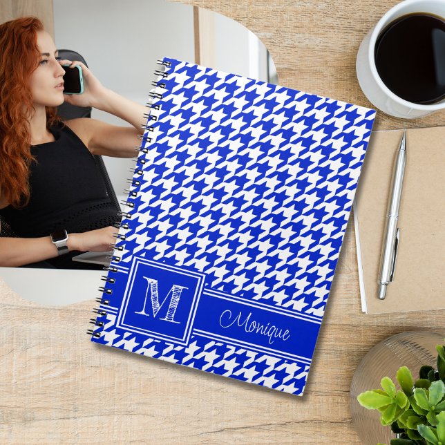 Royal Blue White Houndstooth | Modern Monogram Notebook (Creator Uploaded)