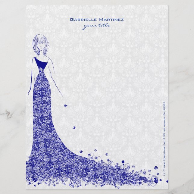 Royal Blue & White Lace Wedding Dress Floral Lace Letterhead (Front)
