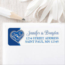 Royal Blue, White Love Heart Wedding Address Label