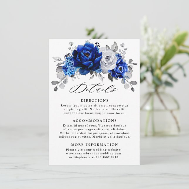 Royal Blue White Metallic Silver Floral Details Enclosure Card (Standing Front)