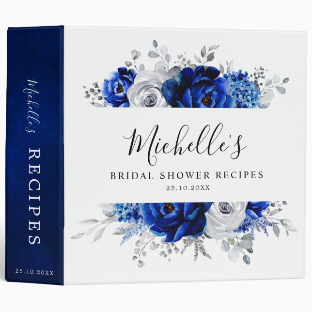 Royal Blue White Metallic Silver Floral Recipe Binder (Front/Spine)