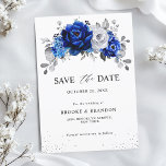 Royal Blue White Metallic Silver Floral  Save The Date<br><div class="desc">Elegant royal blue white silver theme wedding save the date card featuring elegant bouquet of royal blue,  Navy,  silver,  pure white colour rose flowers buds and sage green eucalyptus leaves. Please contact me for any help in customization or if you need any other product with this design.</div>