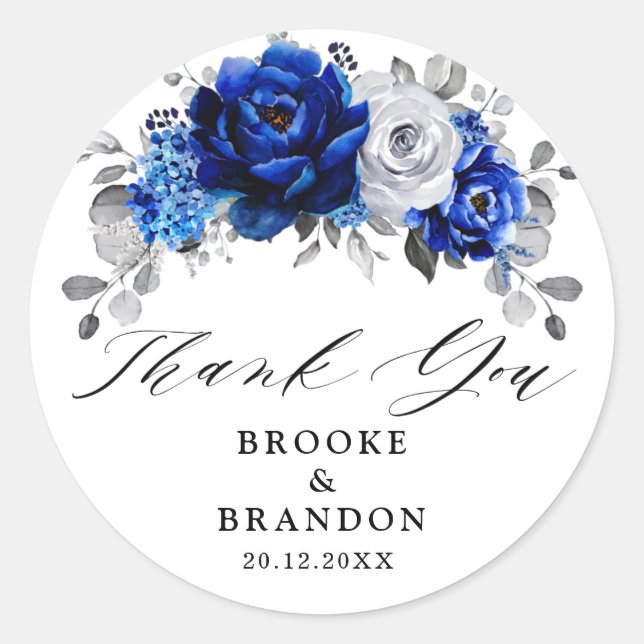 Royal Blue White Metallic Silver Floral Wedding Classic Round Sticker (Front)
