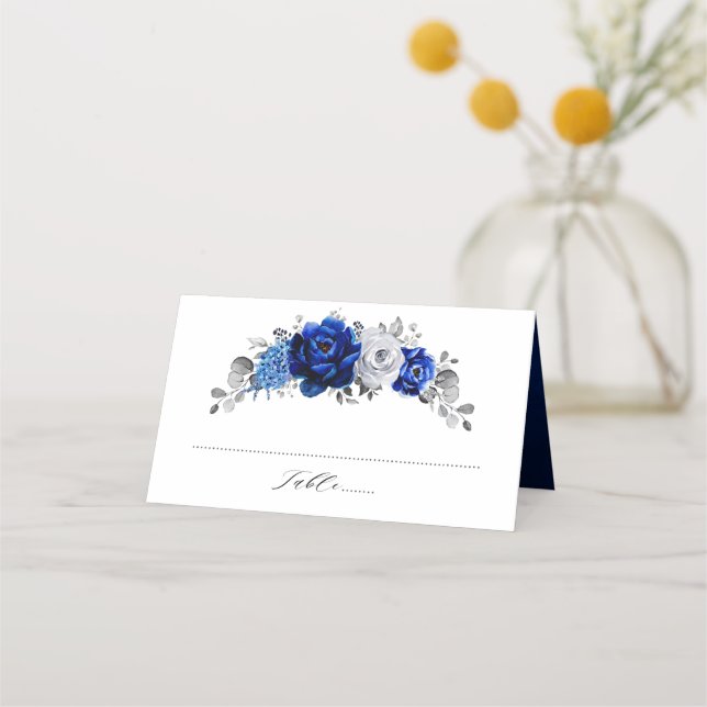 Royal Blue White Metallic Silver Floral Wedding Place Card (Front)