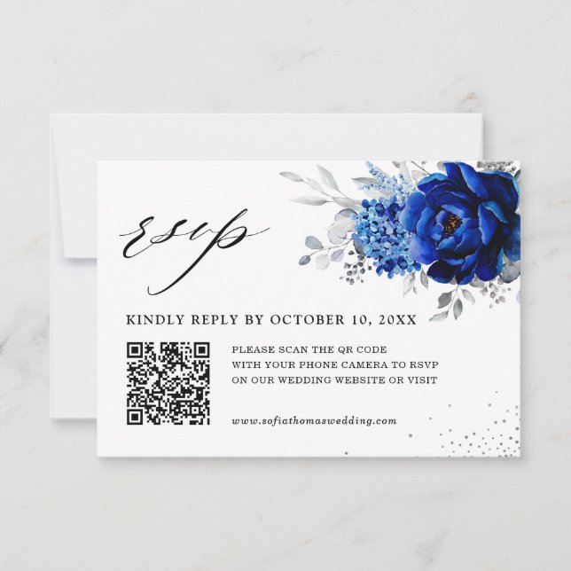 Royal Blue White Metallic Silver Floral Wedding QR RSVP Card (Front)