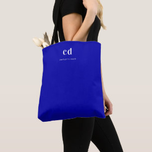 Royal blue white monogram initials name tote bag