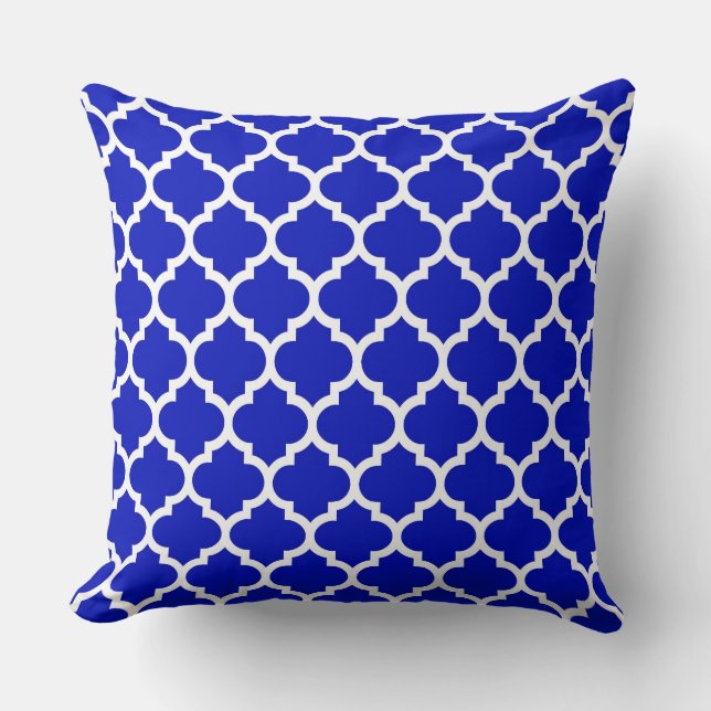 Royal Blue White Moroccan Quatrefoil Pattern #5 Throw Pillow (Front)