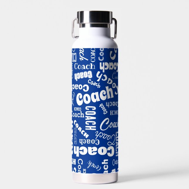 Royal Blue White Personalized Coach Gift Name Art Water Bottle (Front)
