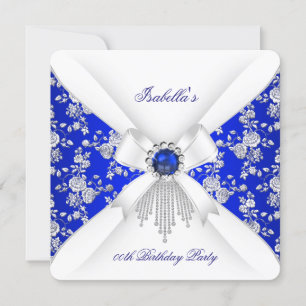 Royal Blue White Rose Damask Pearl Birthday Invitation