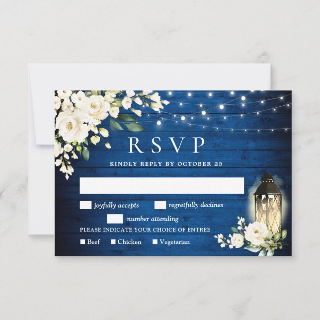 Royal Blue White Roses RSVP Card with Meal Choice (Front)