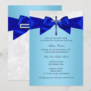 Royal Blue White Silver Cross Boys Communion Invitation