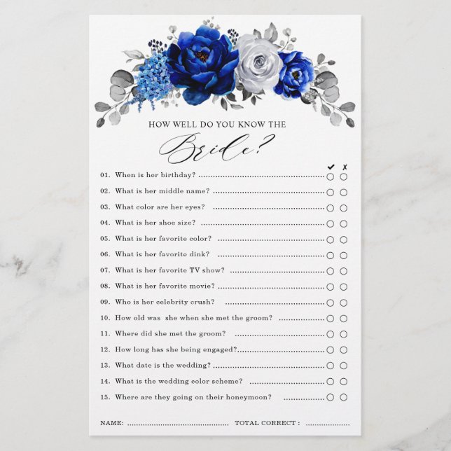 Royal Blue White Silver Floral Bridal Shower Game (Front)