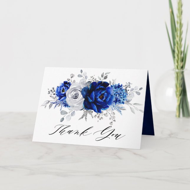Royal Blue White Silver Floral Bridal Shower Thank You Card (Front)