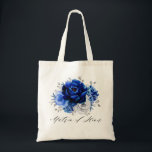 Royal Blue White Silver Floral Matron of Honour Tote Bag<br><div class="desc">Elegant royal blue white silver theme wedding bridesmaid gift tote bag featuring elegant bouquet of royal blue,  Navy,  silver,  pure white colour rose flowers buds and sage green eucalyptus leaves. Please contact me for any help in customization or if you need any other product with this design.</div>
