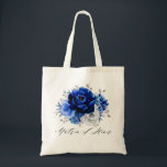 Royal Blue White Silver Floral Matron of Honour Tote Bag<br><div class="desc">Elegant royal blue white silver theme wedding bridesmaid gift tote bag featuring elegant bouquet of royal blue,  Navy,  silver,  pure white colour rose flowers buds and sage green eucalyptus leaves. Please contact me for any help in customization or if you need any other product with this design.</div>