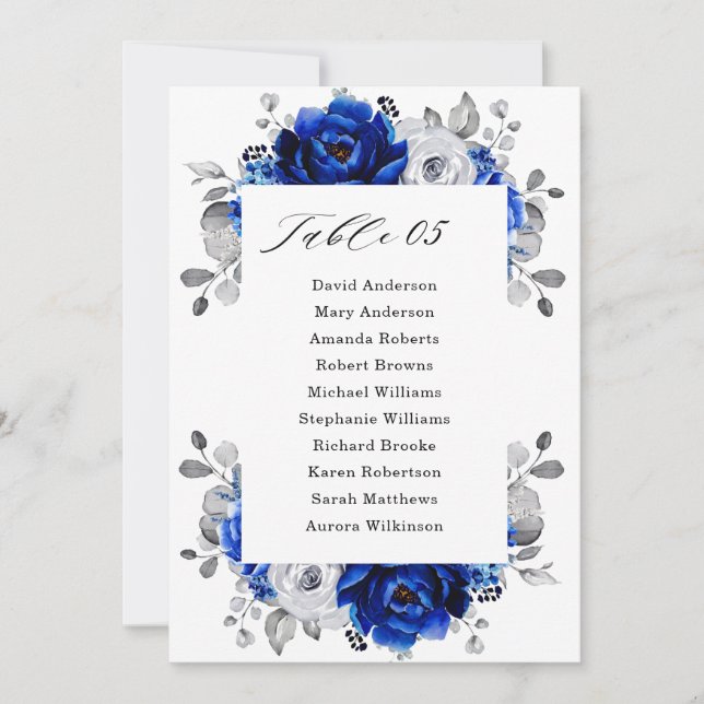 Royal Blue White Silver Floral Seating Chart Card (Front)
