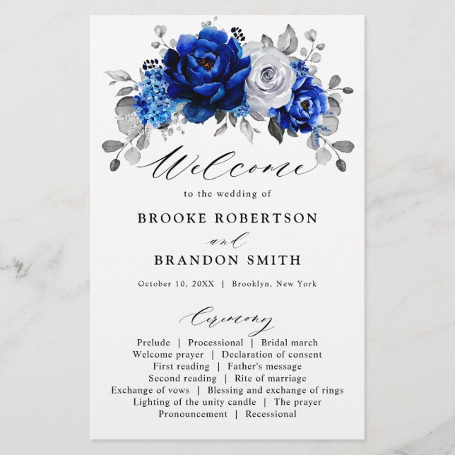 Royal Blue White Silver Floral Wedding Program (Front)