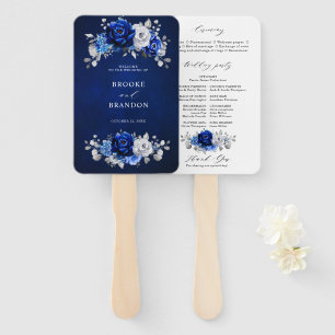 Royal Blue White Silver Floral Wedding Program Hand Fan