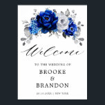 Royal Blue White Silver Floral Wedding Welcome Poster<br><div class="desc">Elegant royal blue white silver theme wedding welcome poster featuring elegant bouquet of royal blue,  Navy,  silver,  pure white colour rose flowers buds and sage green eucalyptus leaves. Please contact me for any help in customization or if you need any other product with this design.</div>