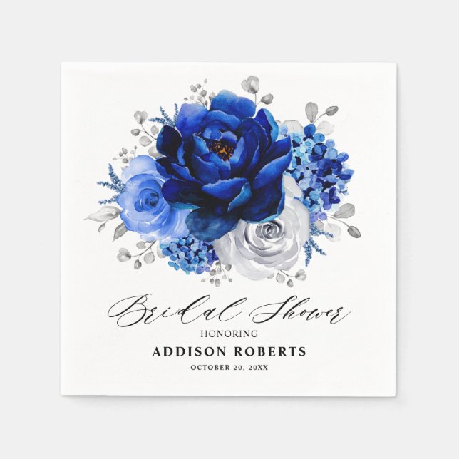Royal Blue White Silver Metallic Bridal Shower Napkin (Front)