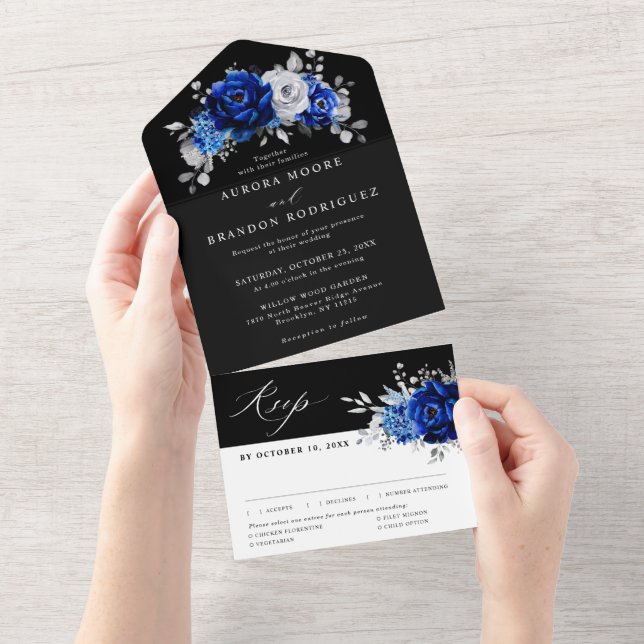 Royal Blue White Silver Metallic Floral Wedding Al All In One Invitation (Tearaway)