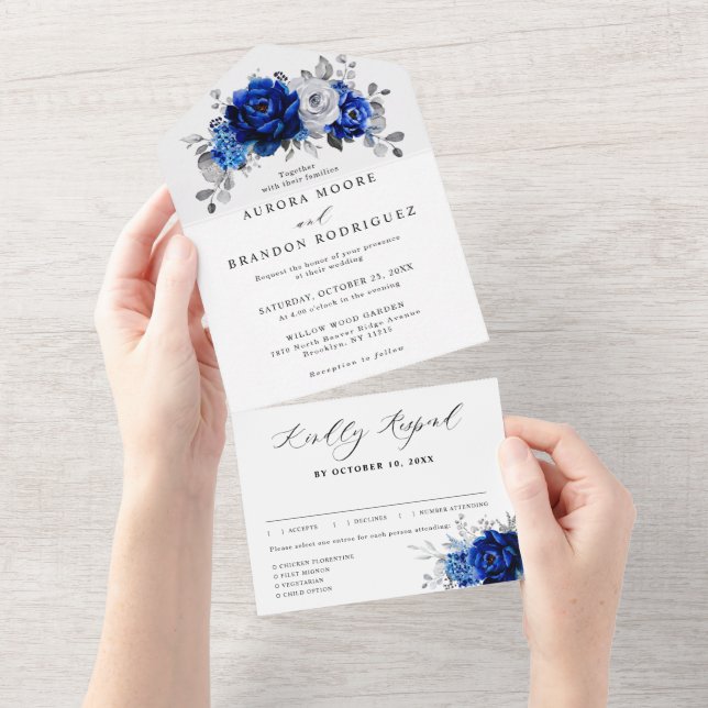 Royal Blue White Silver Metallic Floral Wedding All In One Invitation (Tearaway)