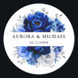 Royal Blue White Silver Metallic Floral Wedding Classic Round Sticker<br><div class="desc">Elegant royal blue white silver theme wedding sticker featuring elegant bouquet of royal blue,  Navy,  silver,  pure white colour rose flowers buds and sage green eucalyptus leaves. Please contact me for any help in customization or if you need any other product with this design.</div>