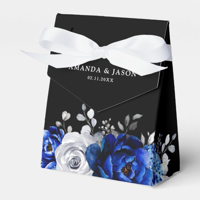 Royal Blue White Silver Metallic Floral Wedding Fa Favor Box (Front Side)