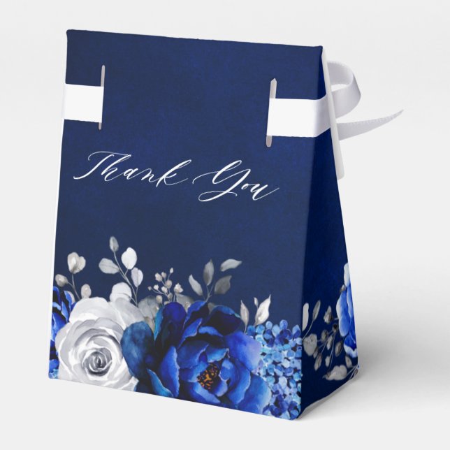 Royal Blue White Silver Metallic Floral Wedding Fa Favor Box (Back Side)