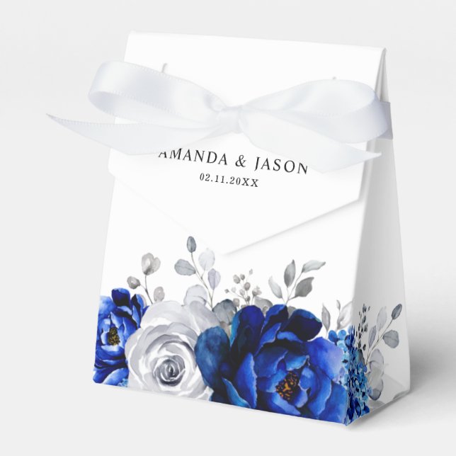 Royal Blue White Silver Metallic Floral Wedding Favor Box (Front Side)