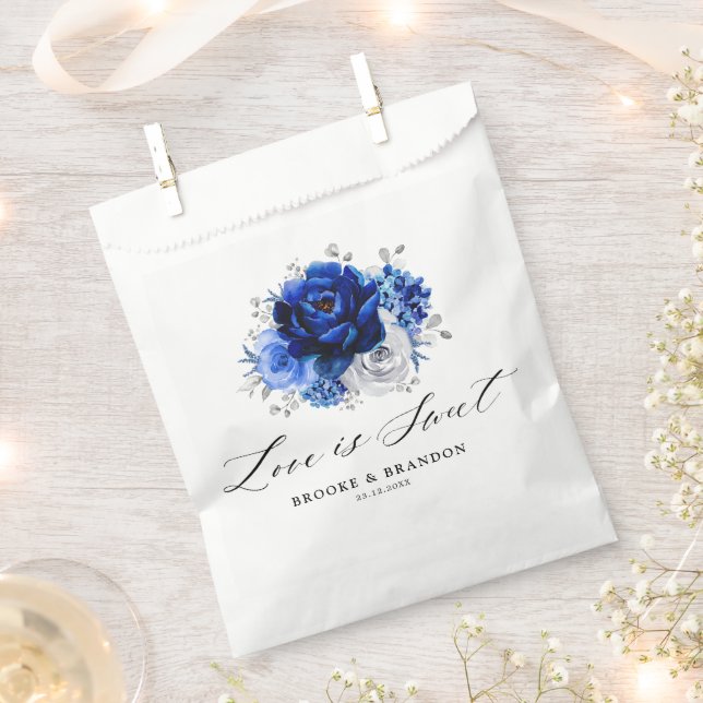 Royal Blue White Silver Metallic Floral Wedding Favour Bag (Clipped)