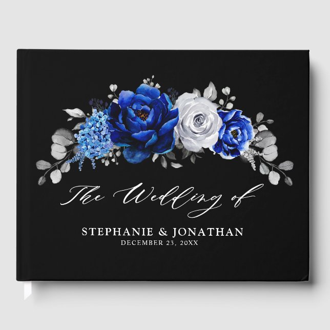 Royal Blue White Silver Metallic Floral Wedding Gu Guest Book (Front)