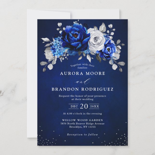 Royal Blue White Silver Metallic Floral Wedding In Invitation (Front)