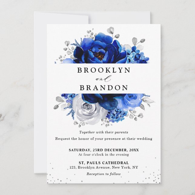 Royal Blue White Silver Metallic Floral Wedding In Invitation (Front)