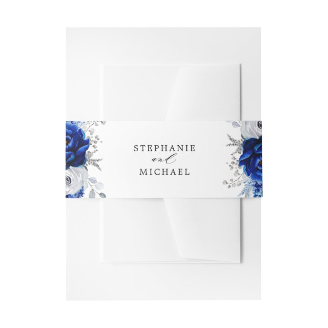 Royal Blue White Silver Metallic Floral Wedding In Invitation Belly Band (Front Example)
